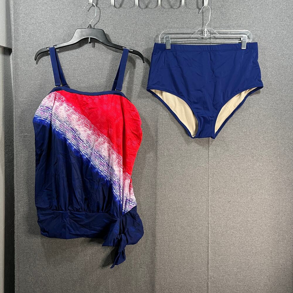 Belle by Kim Gravel Navy & Red Diagonal Print Tankini with High-Waist Bottoms